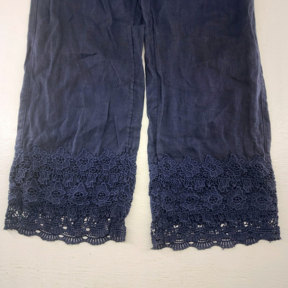 Cynthia Rowley Small | Navy Blue 100% Linen Lace Hem Cropped Pants Coastal - Picture 3 of 6